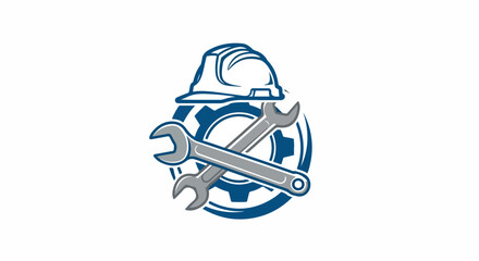 Fototapeta premium A blue and gray logo featuring a hard hat, wrench, and gear on a white background with industrial and construction elements.