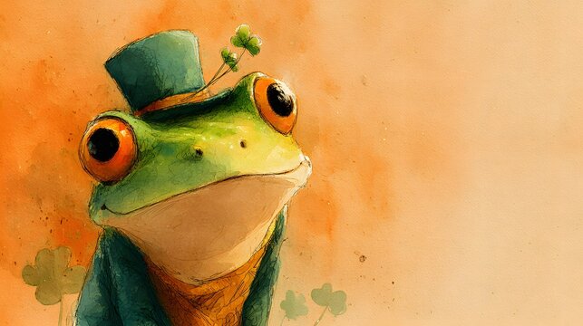 Watercolor frog in a green top hat with shamrocks in soft sage and peach tones