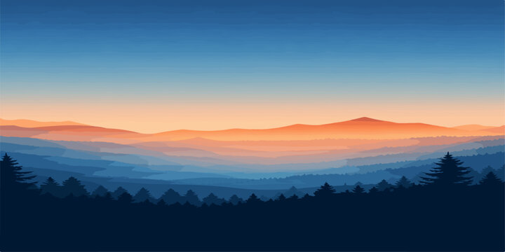 Sunrise and sunset over a misty mountain landscape with clouds forest hills and a beautiful sky view 🌄🏔️☁️