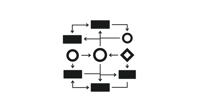 Complex flowchart with various shapes and arrows, illustrating intricate process flow, system design, and decision-making logic.