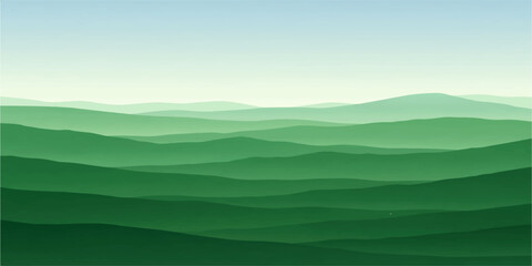 Obraz premium Beautiful mountain landscape with clouds fog and sun over green hills meadow and valley under a blue sky at sunrise 🌄⛰️☁️