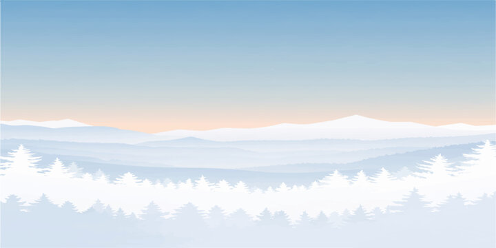 Misty mountain landscape with fog over forest hills under a blue morning sky at sunrise 🌄🏔️☁️