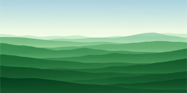 Beautiful mountain landscape with clouds fog and sun over green hills meadow and valley under a blue sky at sunrise 🌄⛰️☁️