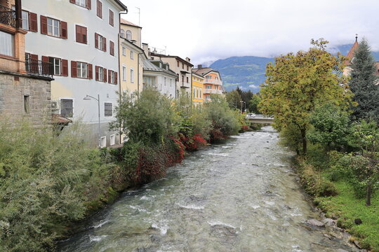 View of the Rienz River in the South Tyrolean town Bruneck