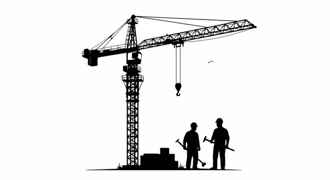 Silhouette of two construction workers standing near a crane and blocks on a white background with a dark and industrial mood.