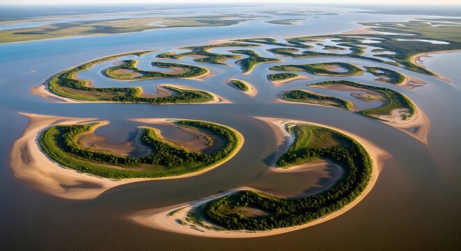 Aerial view of winding river channels and islands with lush green vegetation surrounded by water and sandy shores under a clear sky.