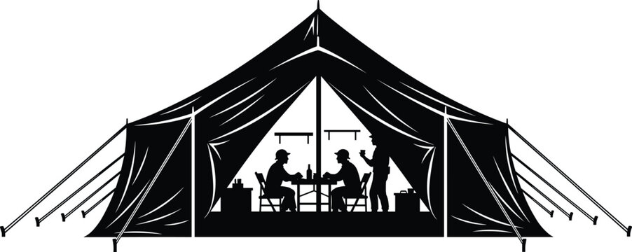 Black and white silhouette of people working on laptops under a triangular roof