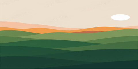 Obraz premium Green landscape with hills and mountains under a blue sky with clouds and sunlight