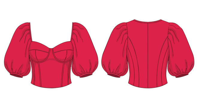 An accurate technical flat drawing of a vibrant red women's fashion top, featuring prominent puff sleeves and a chic sweetheart neckline, presented