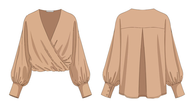 Fashion illustration of a chic women's wrap blouse with elegant puff sleeves and gathered hem