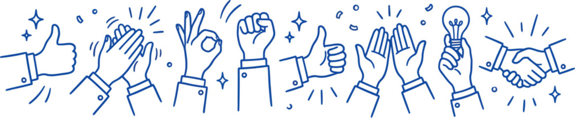 Obraz premium Business Hand Gesture Doodle Icon Set Showing Teamwork Approval Innovation and Partnership for Corporate Communication Design