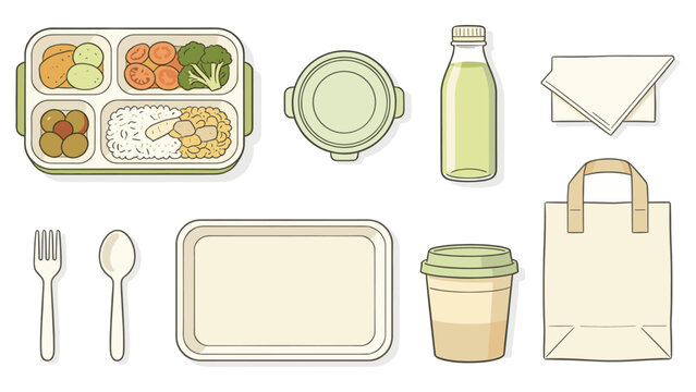 set elements various food and beverage collection featuring lunch containers, drink bottle, and cutlery, ideal for modern takeaway and meal prep