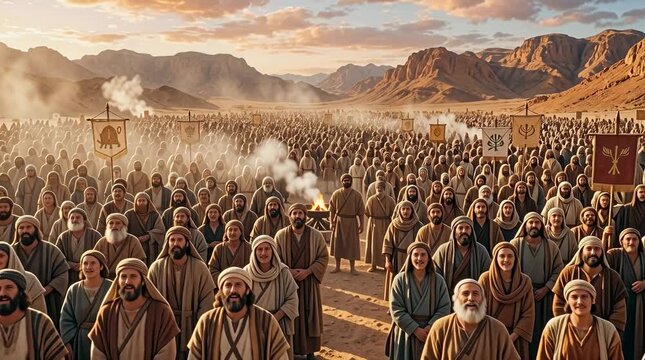 Massive crowd of ancient Israelites in desert valley