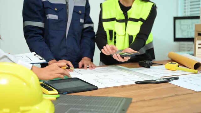 Creative architect projecting on the big drawings with architectural project at construction site at desk in modern office