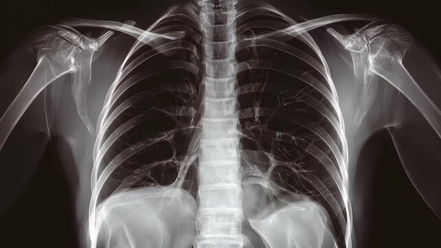 Medical x-ray showing chest and shoulder areas of a human body taken in a hospital setting during a routine check-up