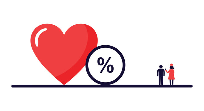 Dating services and relationship statistics concept showing a large red heart next to a percent symbol and a couple icon.