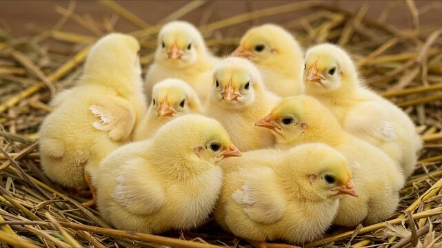 macro detail of tiny yellow baby chicks huddled in soft straw nest for bright easter life celebration concept