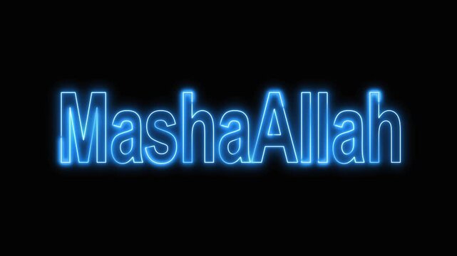 Glowing neon blue Masha Allah text on black background for divine will. Masha Allah neon text for religious and spiritual visuals. Masha Allah neon text on black background.