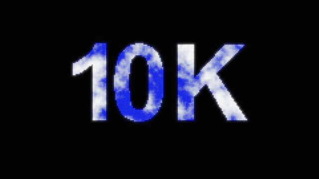 Digital 10K text with blue cloud texture for ten thousand milestone visuals. 10K digital text for achievements and creative projects. 10K digital text with cloud texture.