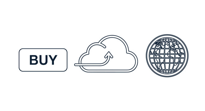 Global ecommerce purchase process including a buy button, data upload to the cloud, and a world globe network icon.