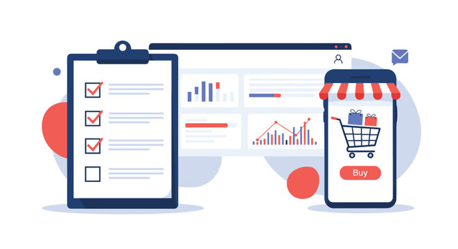 Comprehensive business management featuring a task checklist, data analysis charts, and a mobile ecommerce app store.