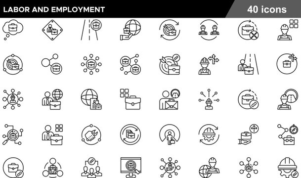 40 Labor and Employment Icons Minimalist Line Art for Workforce Management, Global Recruitment, and Industrial Labor