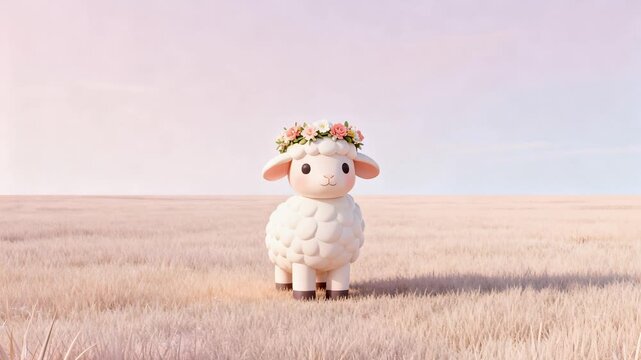 3d render of cute stylized lamb with floral crown in minimalist meadow for modern easter celebration concept