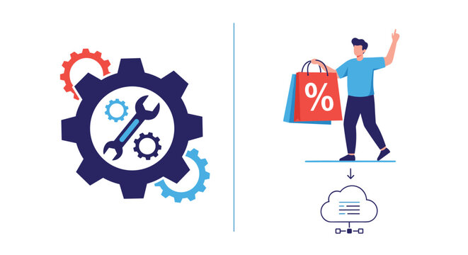 Industrial gear with a wrench icon paired with a man carrying shopping bags and a cloud server data processing illustration.