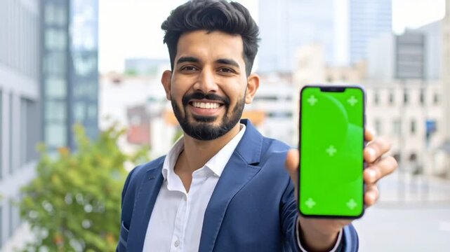 Man holding green screen smartphone.