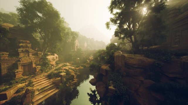 misty jungle river with ancient ruins, sunlit terraces and mossy stone temple set within deep canyon dense canopy filters golden rays over calm water