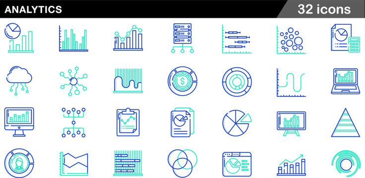 32 Analytics Icons Two Tone Blue Teal Line Art for Data Visualization, Business Intelligence, and Technical Processing