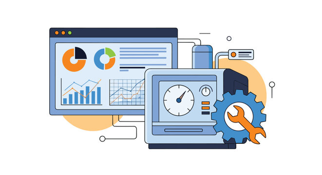 Industrial machine monitoring system showing an interface with data charts and a gear with a wrench for technical maintenance.