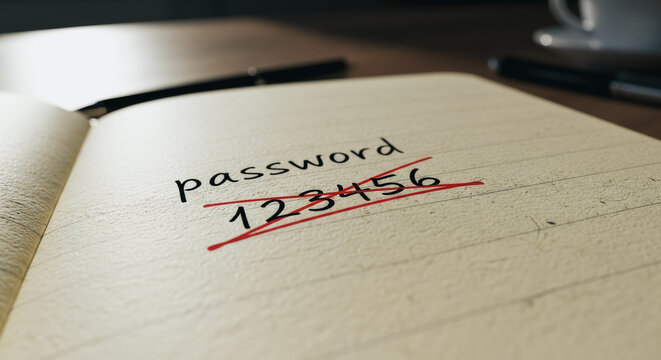Weak Password Security Concept with Handwritten 123456 Struck Out in Notebook for Cyber Safety Education