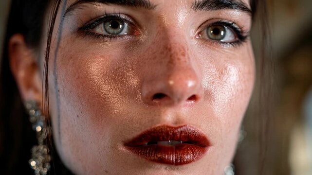 Close portrait of vampire woman with freckles and glossy lips gazing forward capturing refined beauty modern makeup aesthetic and expressive facial detail in studio light
