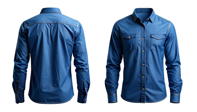 Front and back views of a classic button-down denim shirt, isolated on a black background