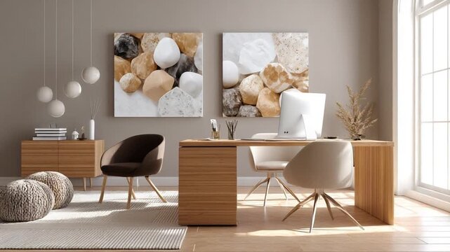 Modern Office Interior Design with Decorative Stone Art Prints