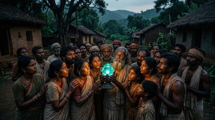 Obraz premium Gathering of Villagers Around a Mysterious Light Source in an Indian Landscape at Dusk