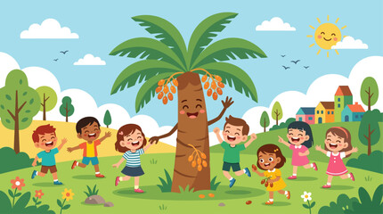 Naklejka premium A cheerful flat design illustration for children, depicting a friendly, anthropomorphic date palm tree interacting playfully with happy kids. 