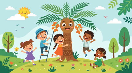 Naklejka premium A cheerful flat design illustration for children, depicting a friendly, anthropomorphic date palm tree interacting playfully with happy kids. 