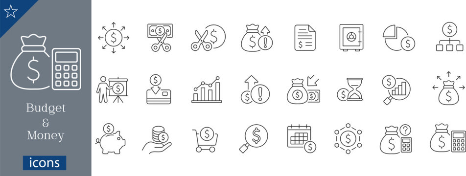 24 Outline Budget and Money Icons financial Planning, Investment Tracking and Currency Management Set for Savings, Audit and Cash Flow
