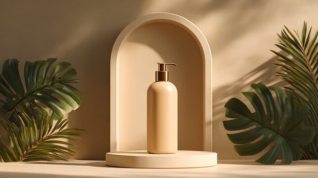 Minimalist Beige Bottle with Tropical Leaves and Arch Display.