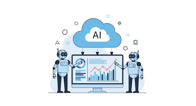 Artificial intelligence data analysis and cloud computing concept with robots using interactive financial charts.