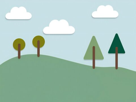 Stylized illustration of a green rolling hill with trees and clouds
