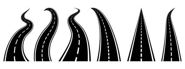 Lots of winding roads. Traveling along a curved highway. The road to the horizon in perspective. Curvy asphalt empty line isolated vector concept. © Tetiana Komarytska