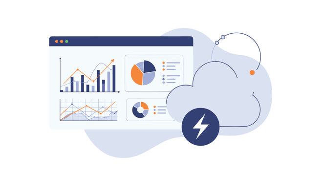 Fast data processing and real time analytics dashboard concept with digital cloud and lightning bolt energy icons.