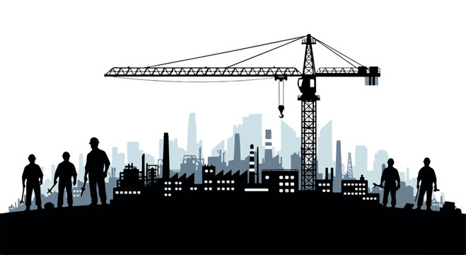 Silhouette of construction workers and crane against a city skyline with a blue-tinted urban landscape in the background.