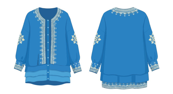 Vibrant blue embroidered tunic featuring intricate folkloric patterns and a unique layered hem design