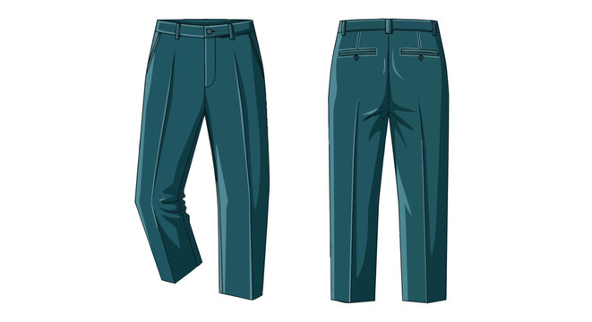 Elegant teal mens dress pants illustration showcasing meticulous front and rear tailoring details perfect for apparel design projects and style