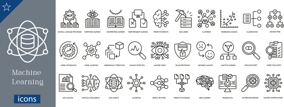 30 Machine Learning and Artificial Intelligence Icons Minimalist Outline Line Art for Neural Networks, Data Science, and Algorithmic Logic