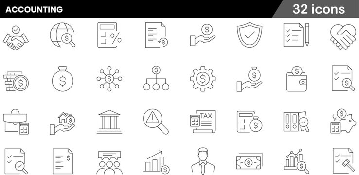 32 Accounting and Financial Auditing Icons Minimalist Outline Line Art for Bookkeeping, Tax Management, and Corporate Finance